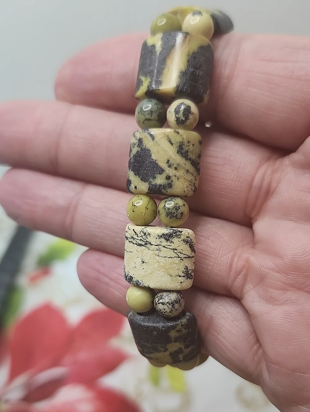 Natural Jasper Beaded Stretch Bracelet in Olive Green and Tan